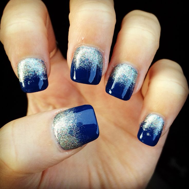 Elegant Ombre Glitter Nail Design: Deep Navy Base with Shimmering Silver Accents