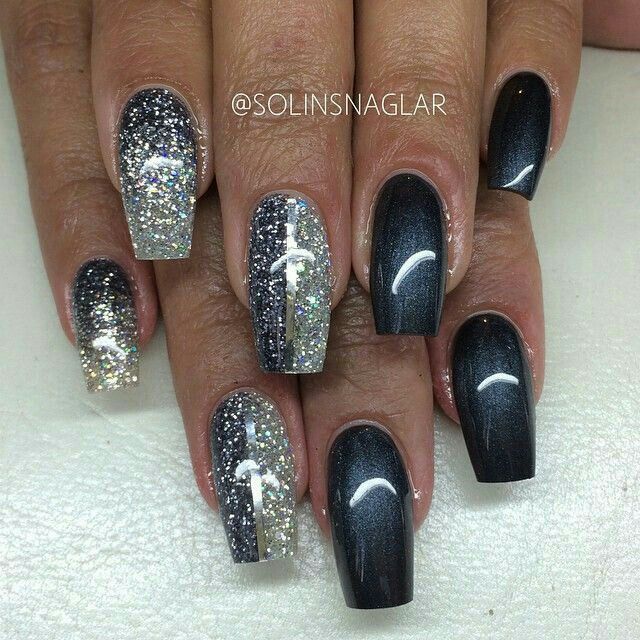 Glamorous Gradient Nail Design with Glossy Dark Tones and Shimmering Glitter