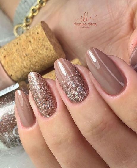 Chic Neutral and Glitter Nail Design: Elegant Taupe with Rose-Gold Accents