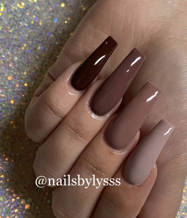 Chic Earthy Tones Nail Design: Long Square Nails in Deep Brown, Taupe, and Nude for a Sophisticated Look.