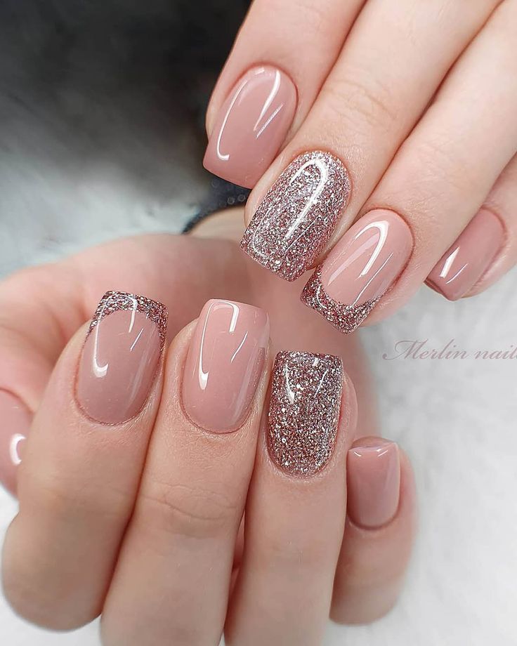 Elegant Nude and Shimmering Pink Nail Design: A Versatile Blend for Any Occasion.