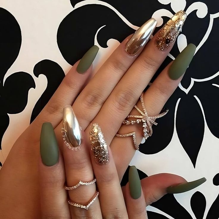 Chic Nail Design: Matte Olive Green and Metallic Silver with Glitter Accents