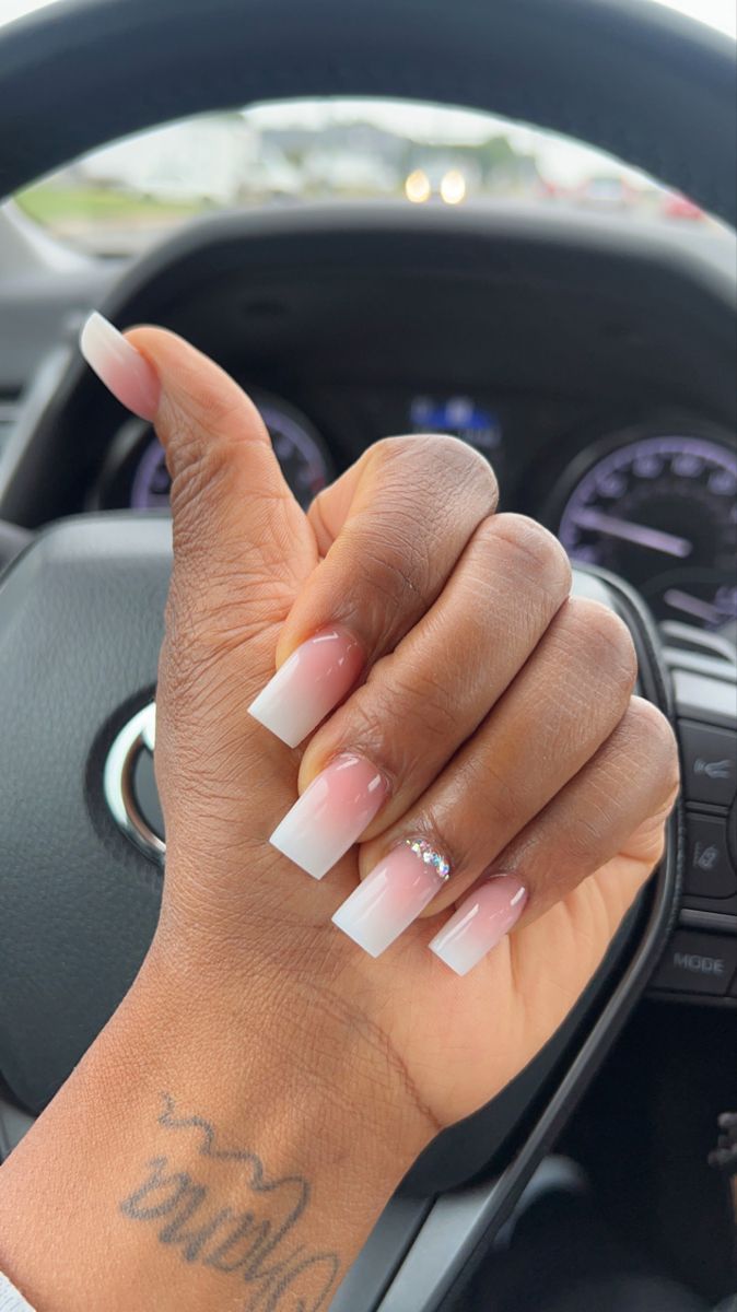 Chic Ombre French Tip Nail Design with Rhinestone Accent