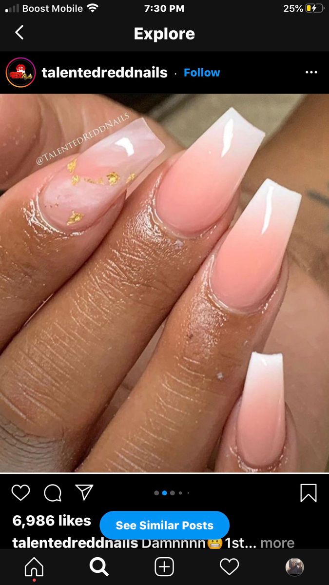 Sophisticated Ombre Acrylic Nails with Gold Flakes for a Chic Look.