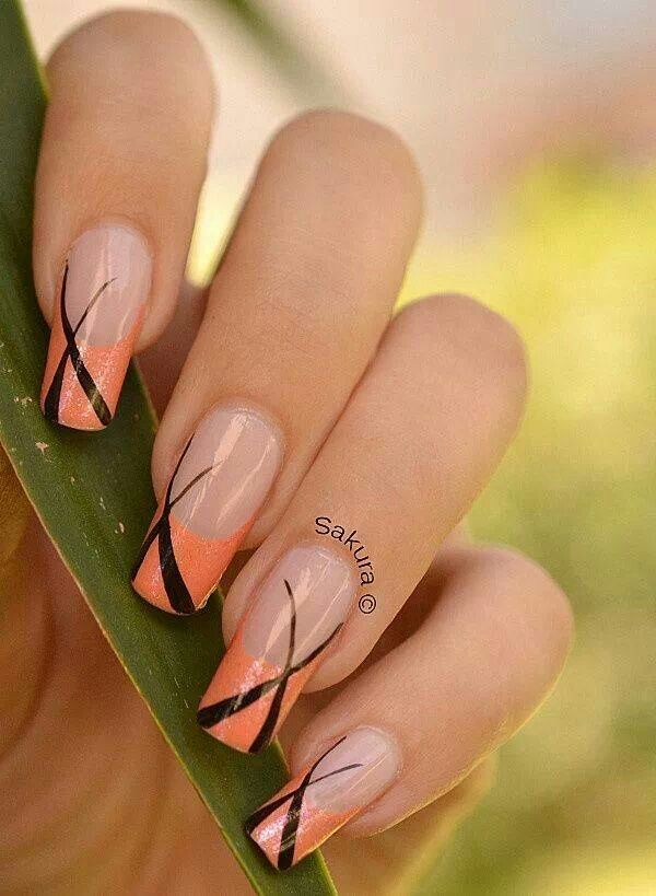 Elegant Nail Design with Peach, Clear Polish, and Bold Black Lines for a Chic Flair.