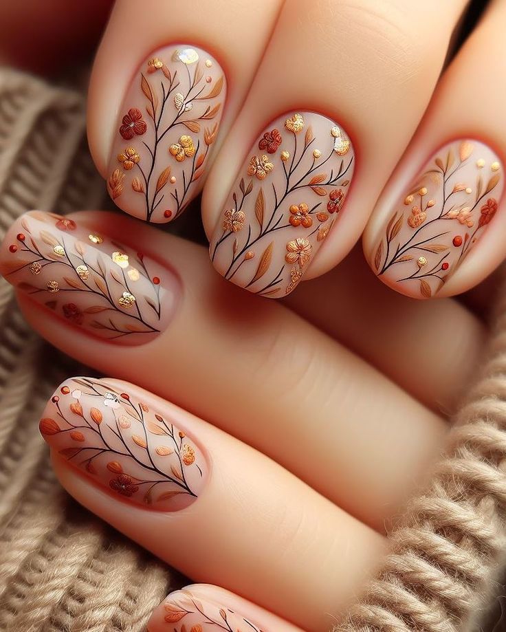 Autumn-Inspired Floral Nail Design with Delicate Branches and Blossoms.