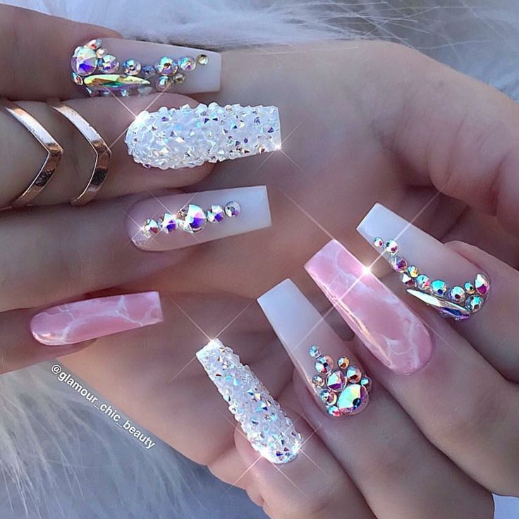 Chic Nail Design with Matte and Glossy Finishes, Sparkling Rhinestones, and Soft Pink-White Palette.