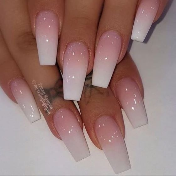 Elegant Ombre Nail Design: Soft Pink to Crisp White with Glossy Finish