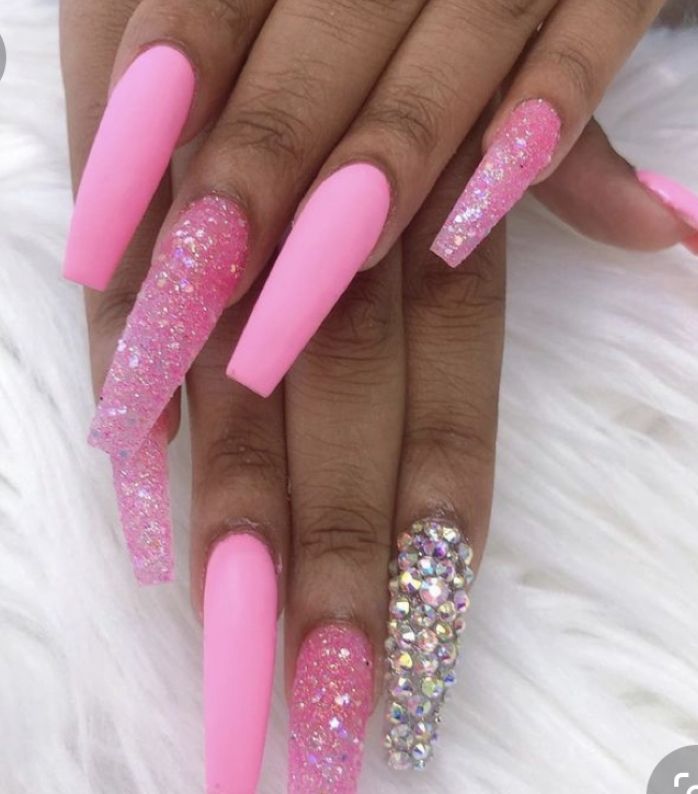 Glamorous Vibrant Pink Stiletto Nails with Matte, Glitter, and Rhinestone Accents