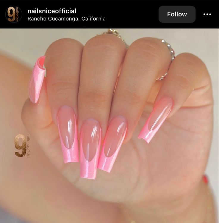 Chic Ombre Pink Nail Design with Elegant Shape and Glossy Finish.