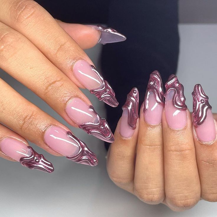 Elegant Glossy Pink Long Nails with Intricate Wavy Designs and Burgundy Metallic Accents.