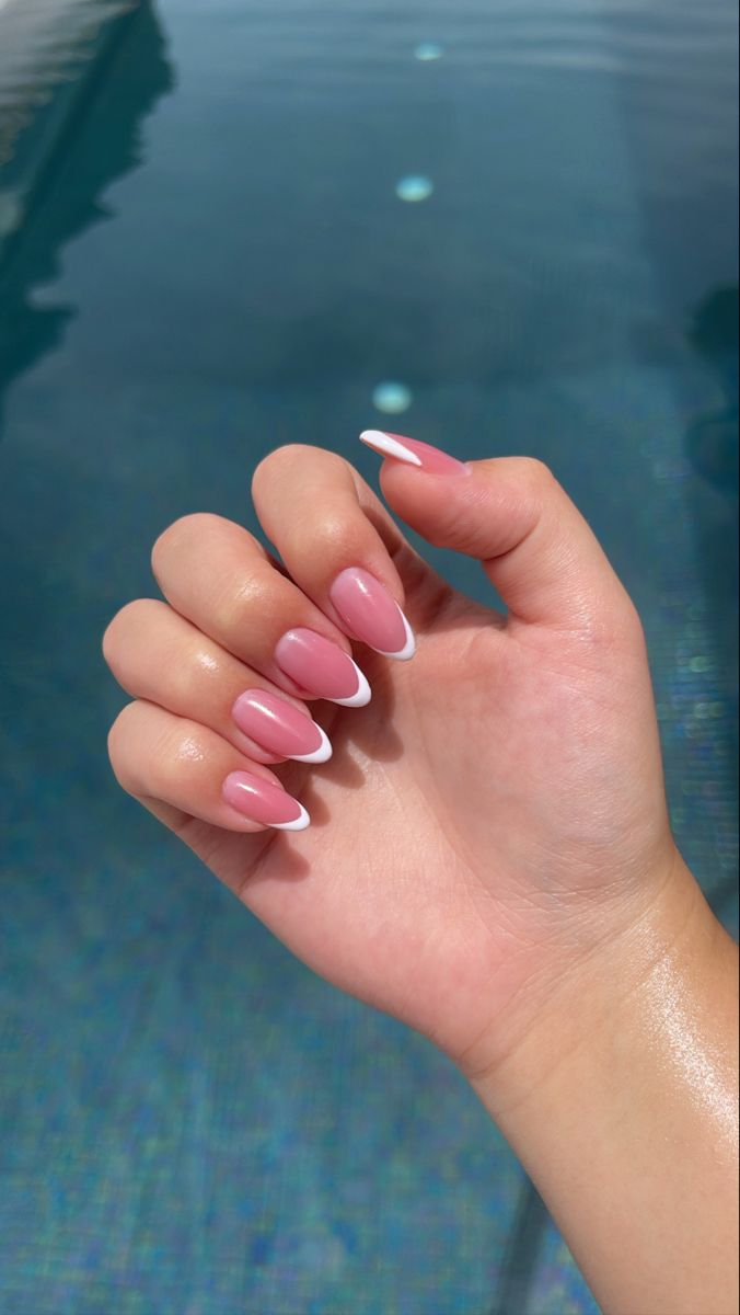 Chic Soft Pink and White French Manicure with Glossy Finish.