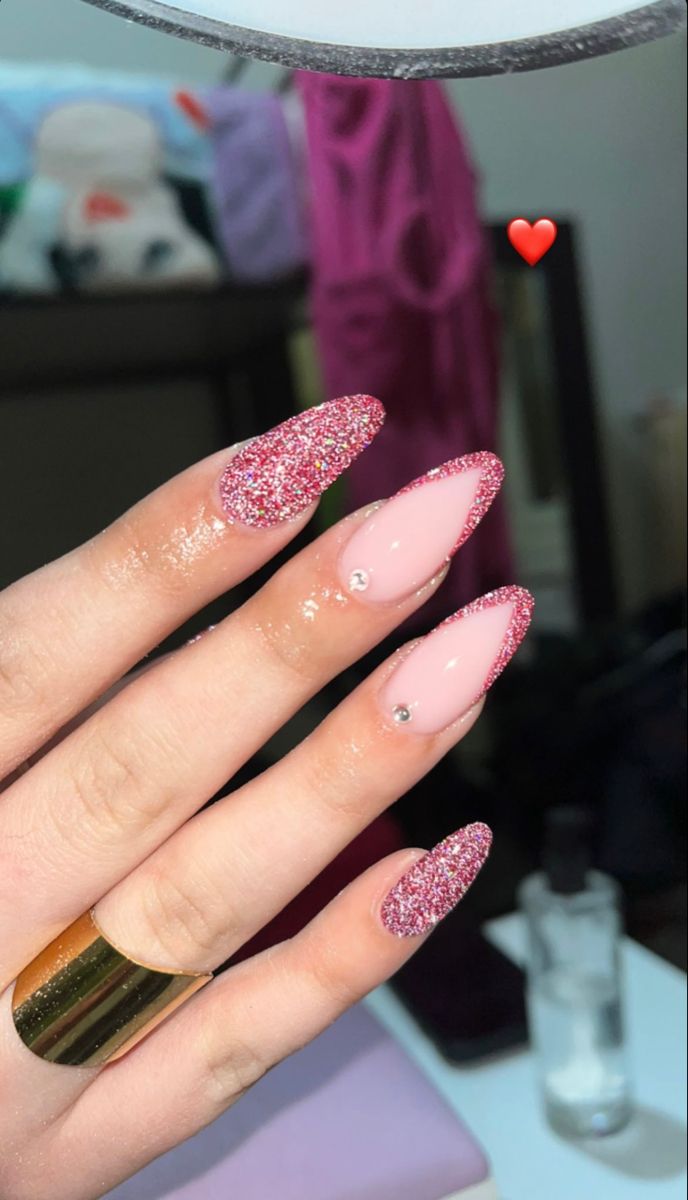 Elegant Glittery Pink and Nude Nail Design with Rhinestone Accents