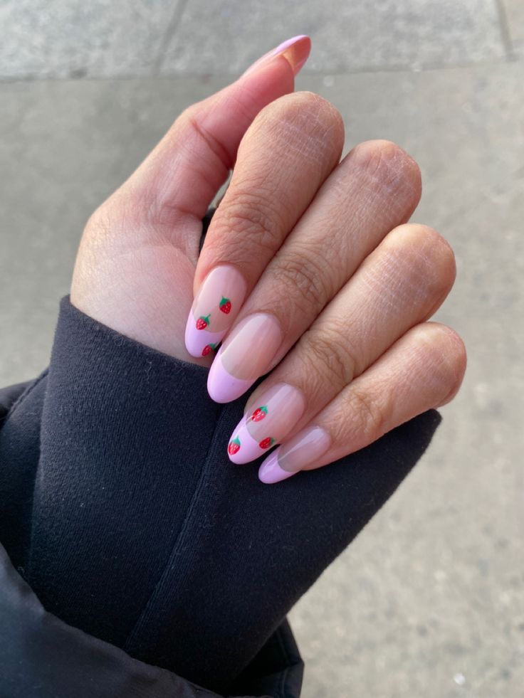 Elegant Spring-Inspired Nail Design with Soft Pink Base, French Tips, and Whimsical Red Roses.