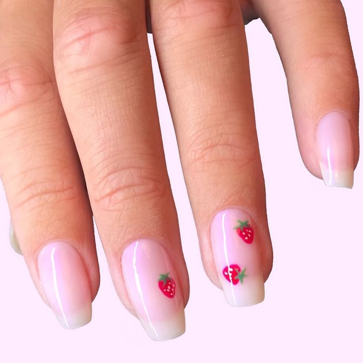 Charming Pastel Nail Design with Hand-Painted Strawberries for a Fresh Summer Look