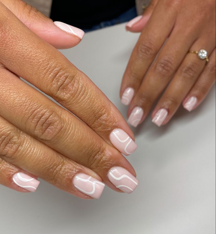 Chic Soft Pink Nail Design with Minimalist White Abstract Lines