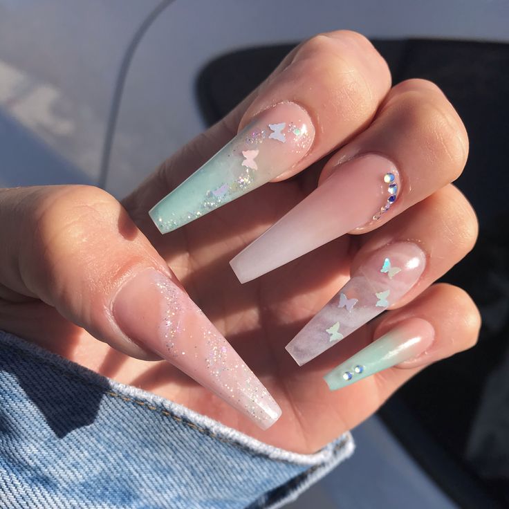 Whimsical Pastel Acrylic Nails with Holographic Accents and Glamorous Finish