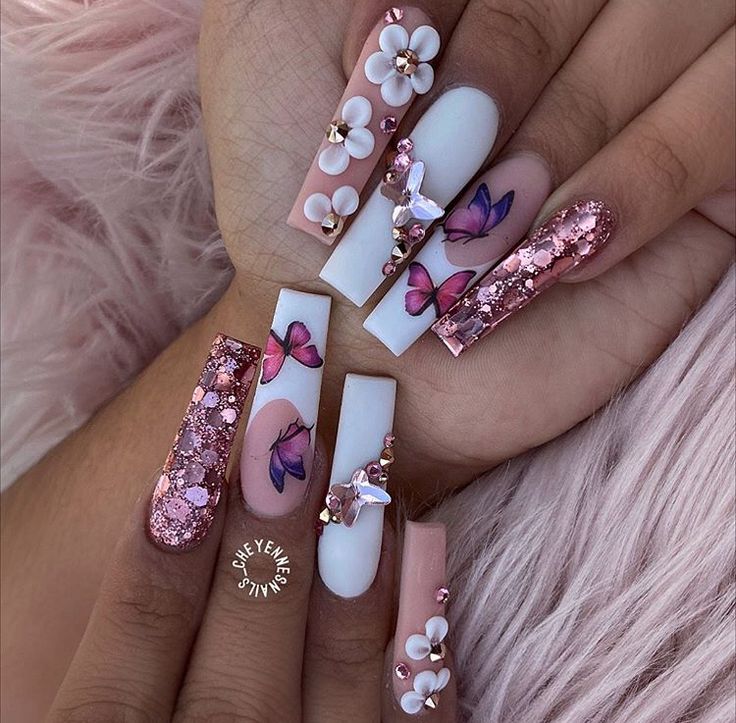 Charming Whimsical Nail Design with Soft Pinks, Whites, and Fluttering Butterflies