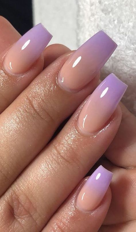 Chic Ombre Nail Design: Soft Peach and Pastel Lavender Gradient with Glossy Finish