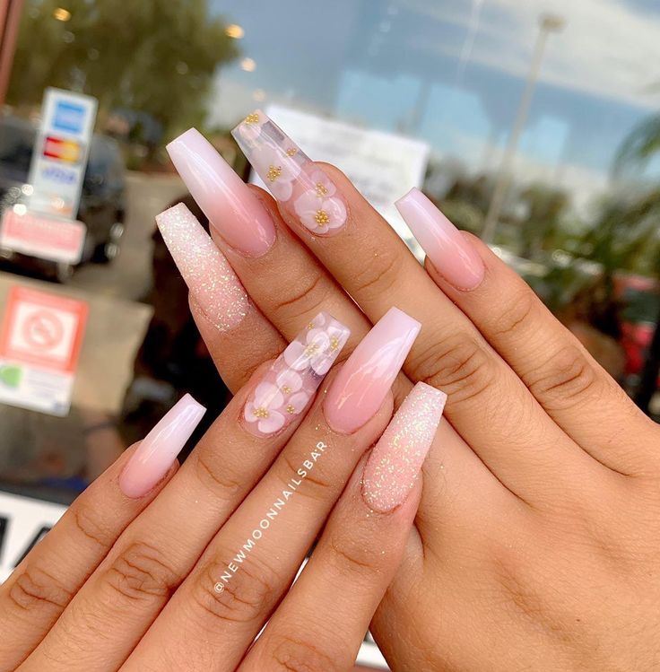 Sophisticated Elegant Nail Designs with Soft Pink, Glitter Gradient, and Floral Accents