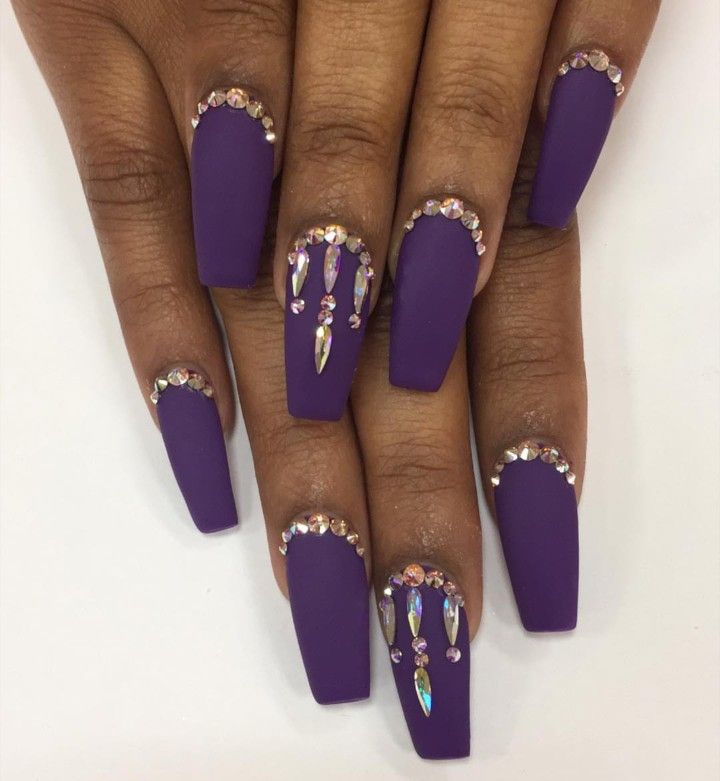 Elegant Matte Purple Nails with Sparkling Rhinestone Accents.