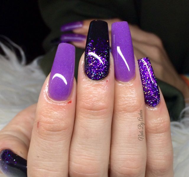 Elegant Purple Stiletto Nail Design with Matte, Glossy, and Glitter Accents