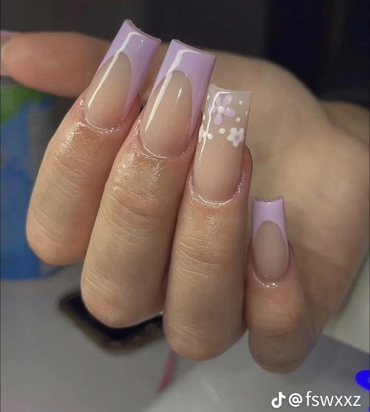 Elegant Square Nail Design with Lavender and Nude Tones Featuring Floral Accents.