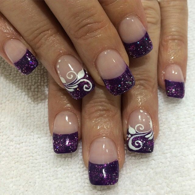 Elegant Ombre Purple Glitter Nails with Sophisticated White Swirls