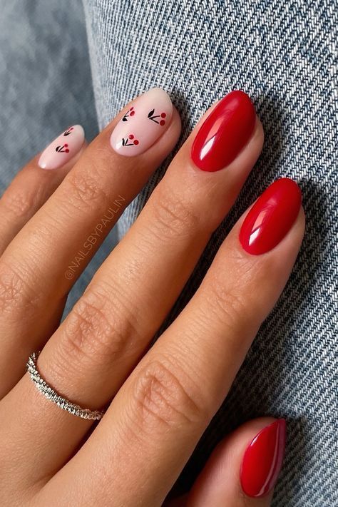 Charming Floral Nail Design: Elegant Deep Red and Soft Pink Contrast.