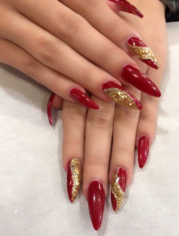 Glamorous Chic Red and Gold Stiletto Nail Design