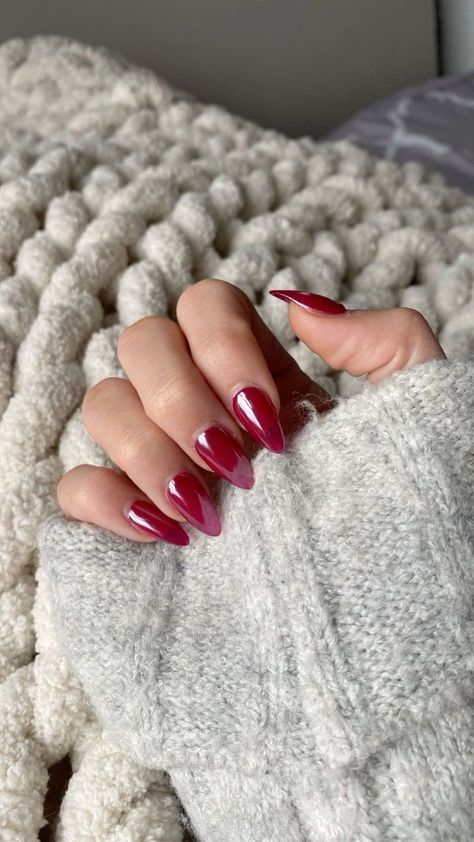 Sophisticated Burgundy Ombre Almond Nails for a Chic Winter Look.