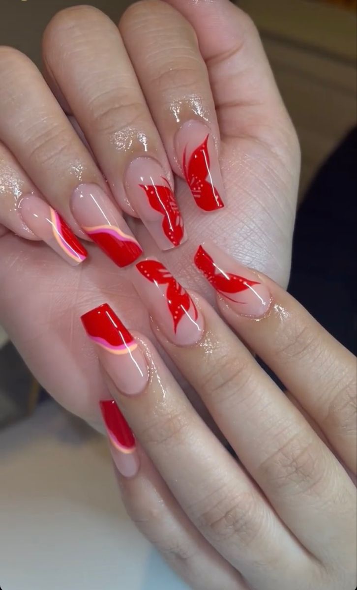 Bold Wavy Red and Nude Nail Design: A Striking Statement Piece