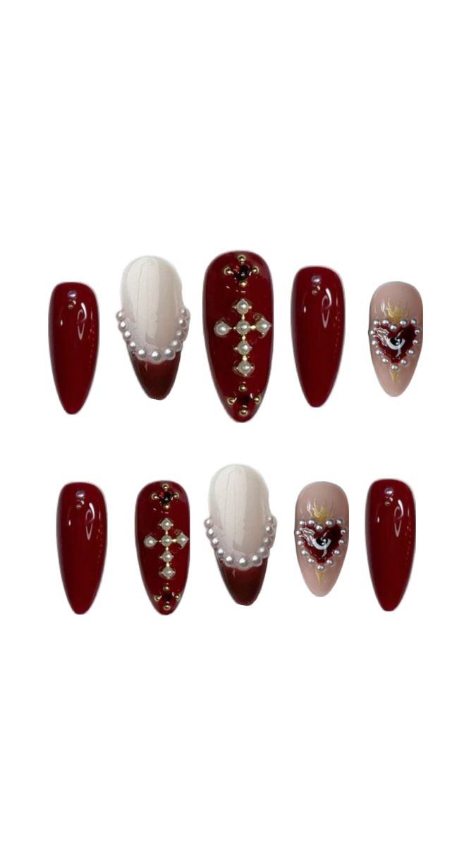 Romantic Elegance: Deep Red and Soft Nude Nail Design with Luxurious Embellishments.