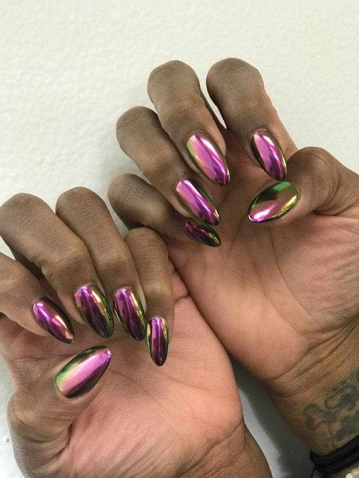 Captivating Iridescent Nail Design: Bold Pink, Green, and Gold Shades