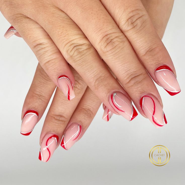 Chic Modern French Tips: Stunning Nude Base with Vibrant Red Accents