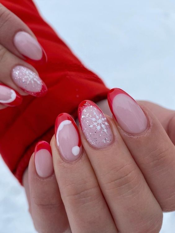 Whimsical Winter-Themed Festive Nail Design in Red and Neutral Tones.