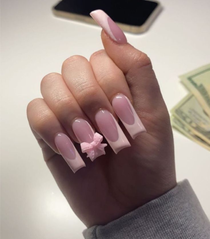 Chic Soft Pink Long Nails with Glossy, Matte Finishes and Unique Bow Detail.