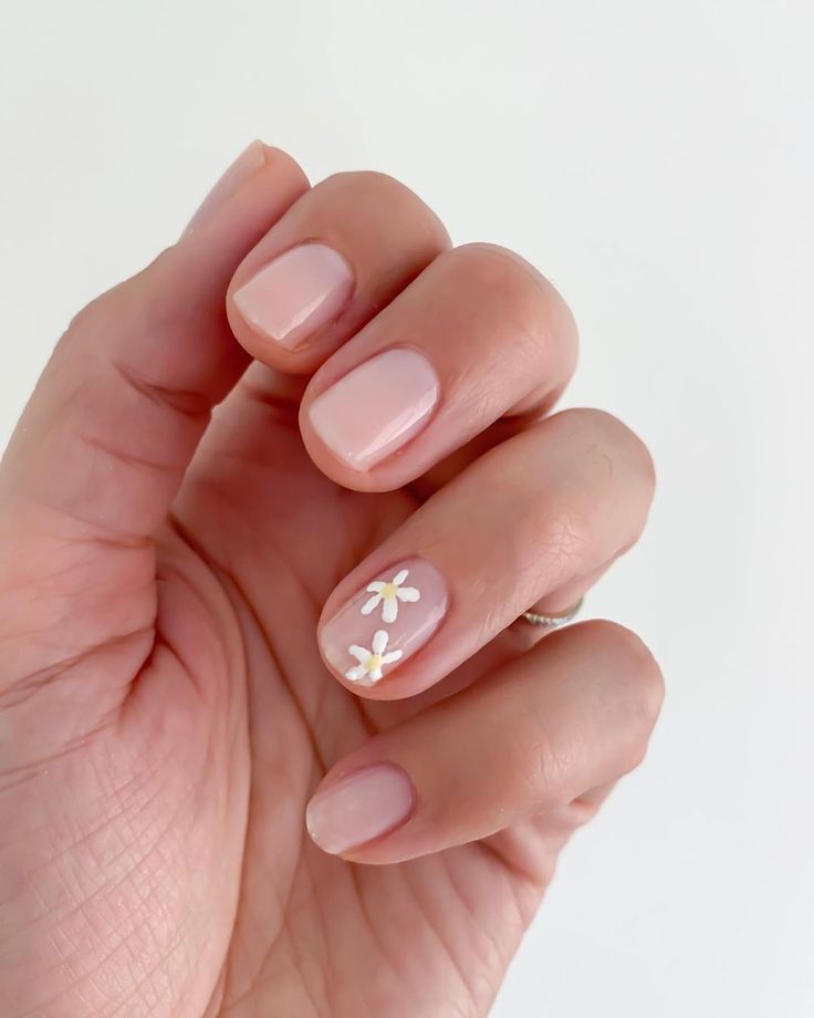 Chic Elegance: Soft Nude Nail Design with Whimsical Floral Accents.