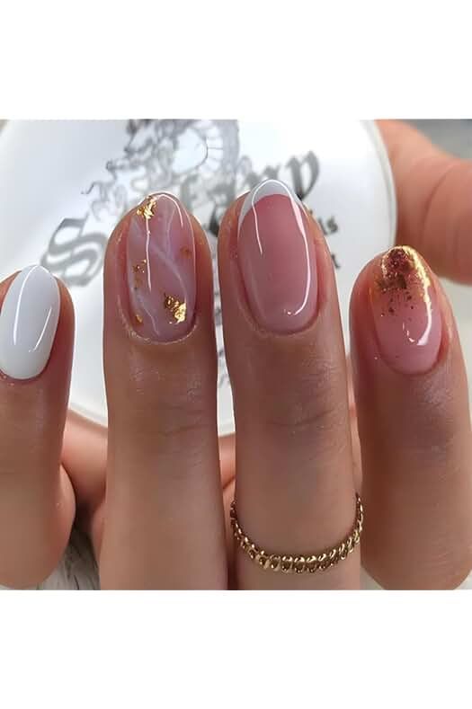 Sophisticated Nail Design: Soft Colors and Gold Accents with Modern Patterns