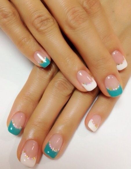 Chic Nail Design: A Modern Twist on French Manicure with Soft Pink, White, and Vibrant Teal Accents.