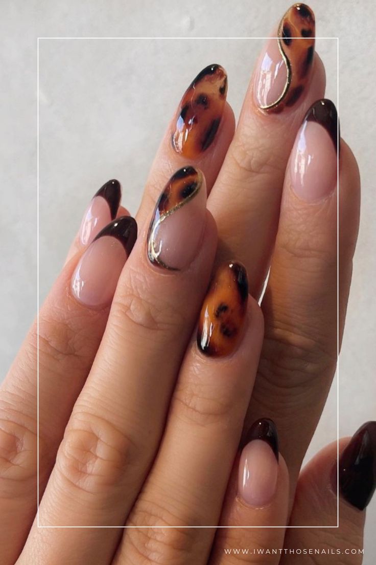 Chic Nude and Tortoiseshell Nail Design with Curved Tips and Glossy Black Accents