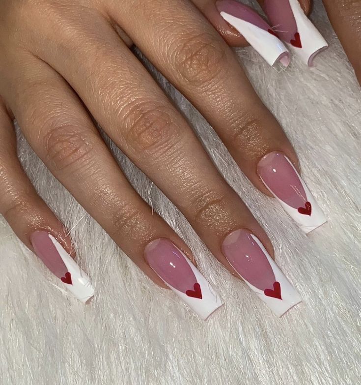 Charming Pink and White Long Nails with French Tips and Red Hearts.