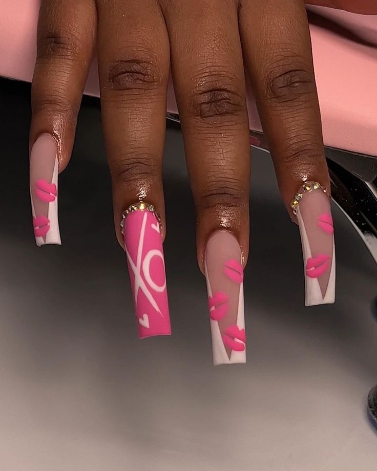 Playful Bold Coffin Nail Design with Romantic Pink Accents and Glossy-Matte Contrast.