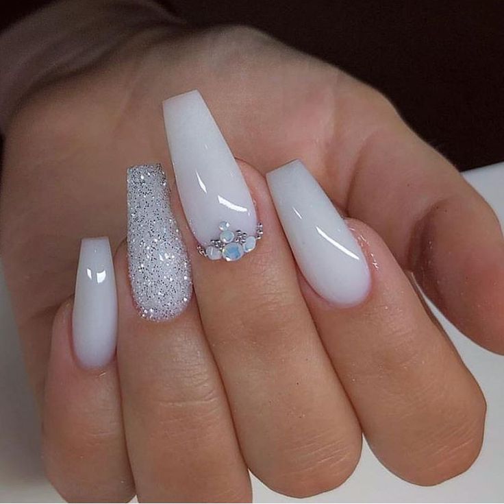 Chic Glossy White and Shimmering Silver Ombre Nail Design with Gem Accents