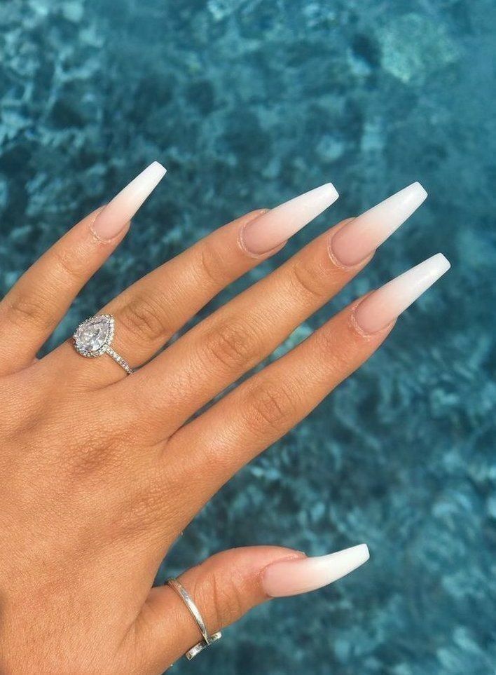 Chic Ombre Long Nails: Elegant Pink to White Transition with Tapered Shape and Delicate Ring Accents