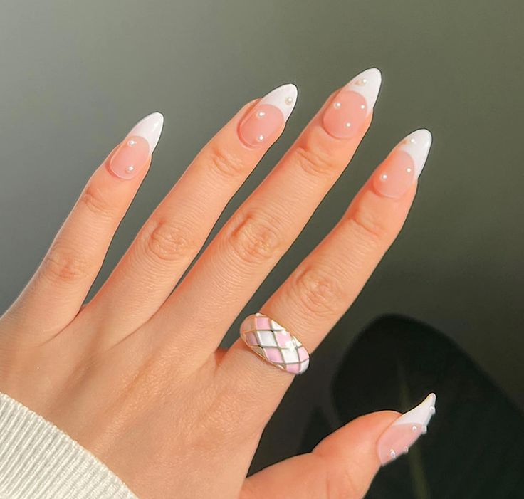 Sophisticated Almond-Shaped Nail Design with Soft Pink Base, White French Tips, and Pearl Accents