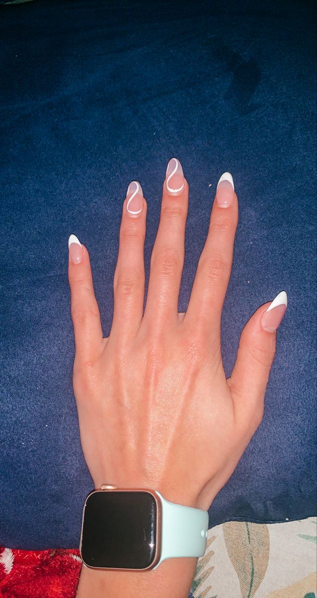 Contemporary French Tip Nail Design with Playful Swirling Lines