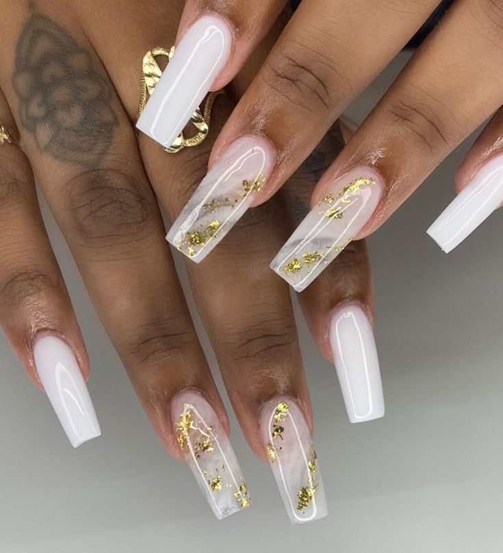 Chic Square Nail Design with Sleek White, Transparent Accents, and Elegant Gold Leaf Details.