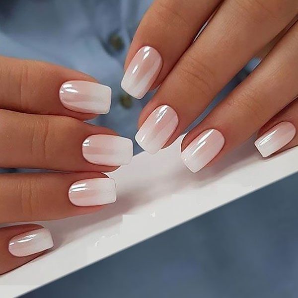 Chic Ombre Nails: A Elegant Gradient from Sheer Pink to Soft White in Minimalist Squared Shape.