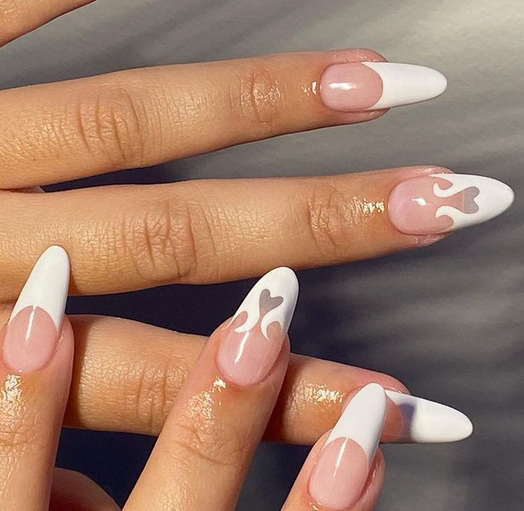 Trendy Elegant Nail Design with Pink and White, Accented by Heart and Flame Motifs